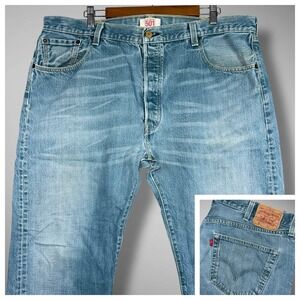 Levis 501 Jeans‎ Mens 42x30 Blue Denim Straight Leg Button Fly Distressed